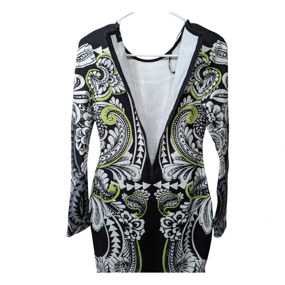 MINKPINK Black White Lime Green Paisley Print Long Sleeve Mini Dress‎ Size S